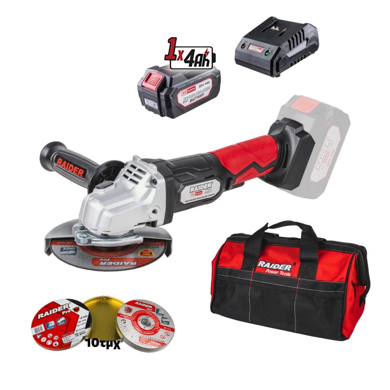 RAIDER R20 Σετ Γωνιακός τροχός με φορτιστή & μπαταρία 4Ah/1h δίσκοι 10τεμ. & τσάντα RAIDER R20 Σετ Γωνιακός τροχός με φορτιστή & μπαταρία 4Ah/1h δίσκοι 10τεμ. & τσάντα